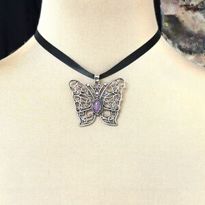 necklace pendant pin butterfly filigree silver vintage purple corded